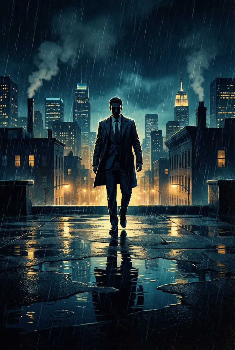 美女的烦恼电影国语 出品影片《雨夜独行者》海报，雨中城市屋顶男性剪影